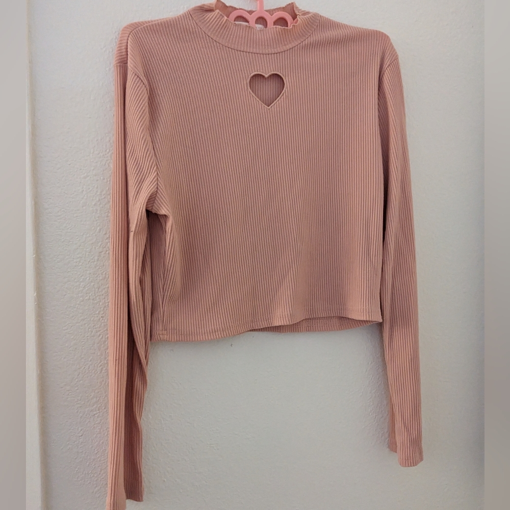 Rib Knit Heart Cutout Long Sleeve Shirt size L